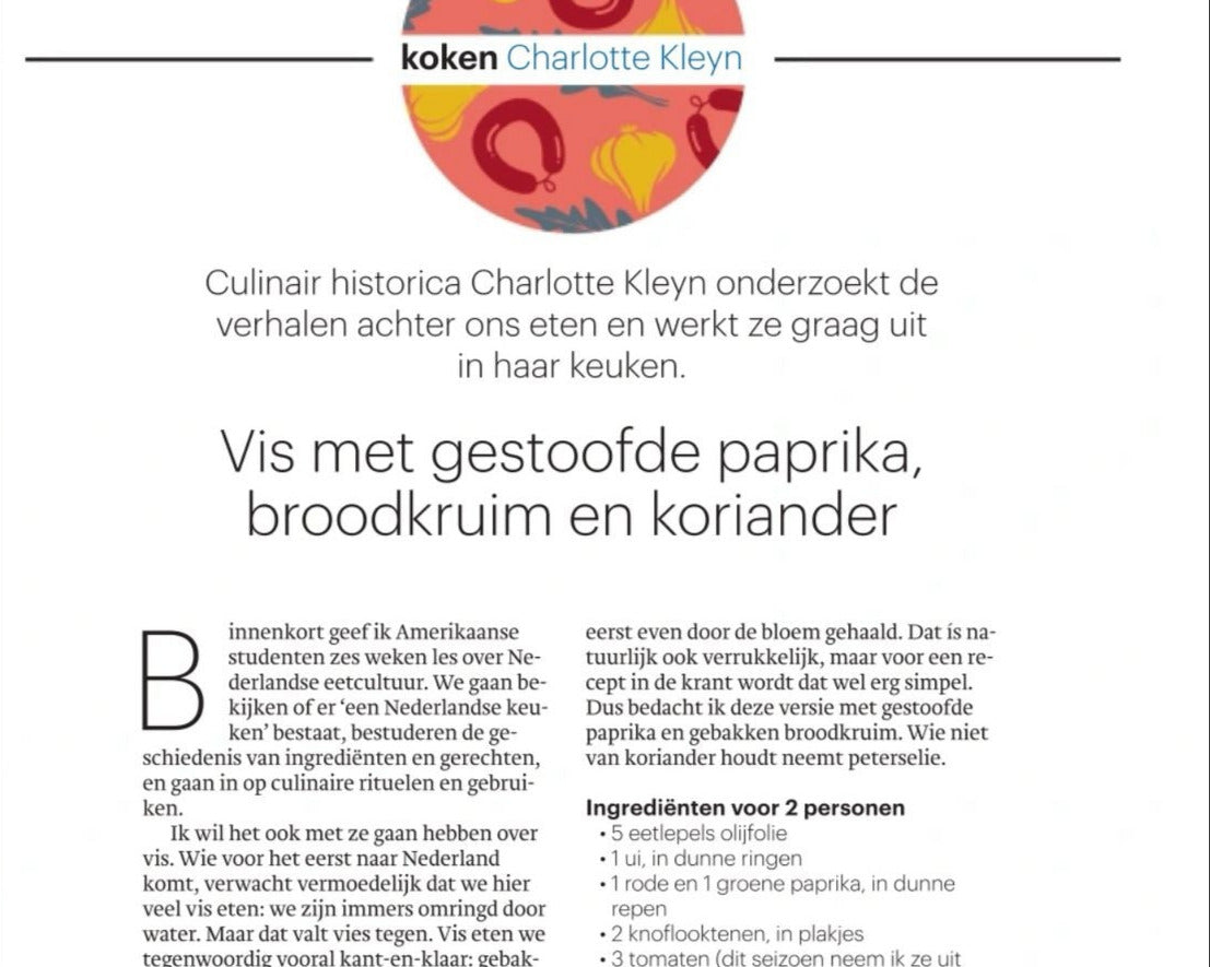 Vis met gestoofde paprika, knapperig broodkruim en koriander - Trouw 5 Maart