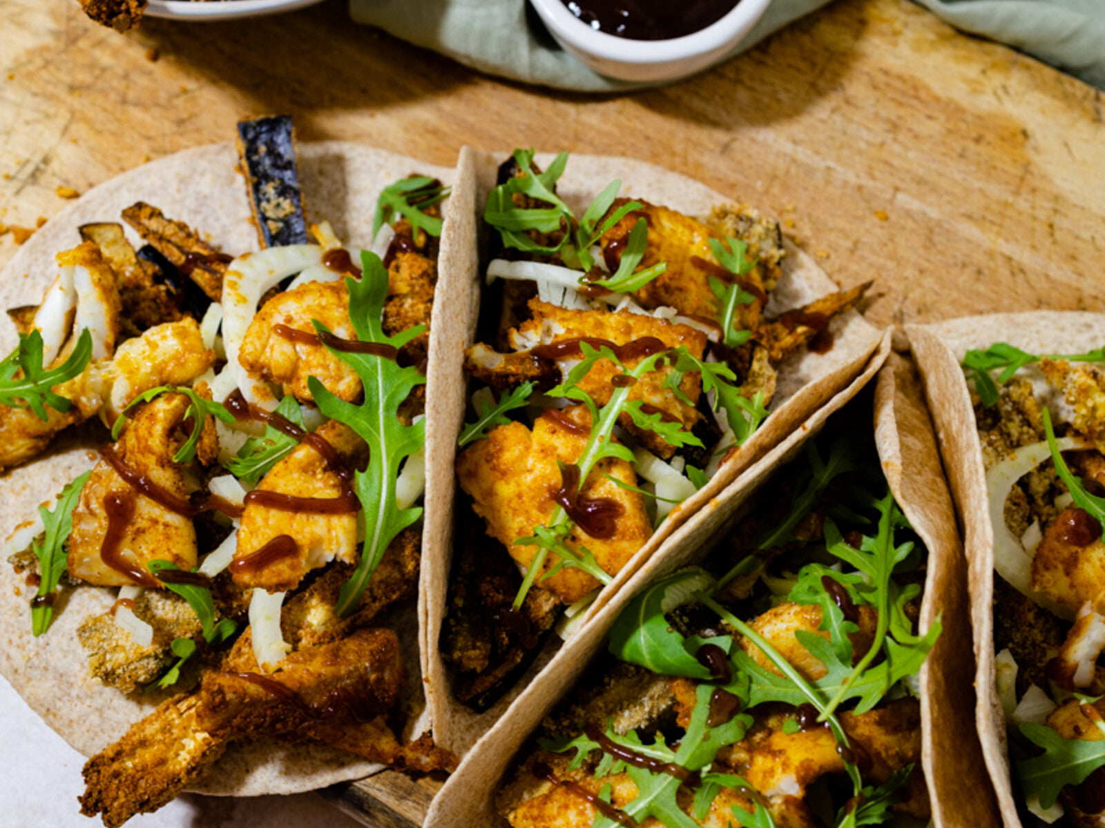 Fajita’s met kabeljauw, crispy aubergine en venkel