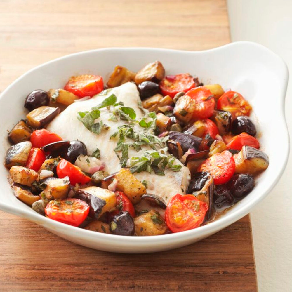 Wijting met cherry tomaatjes en aubergine uit de oven