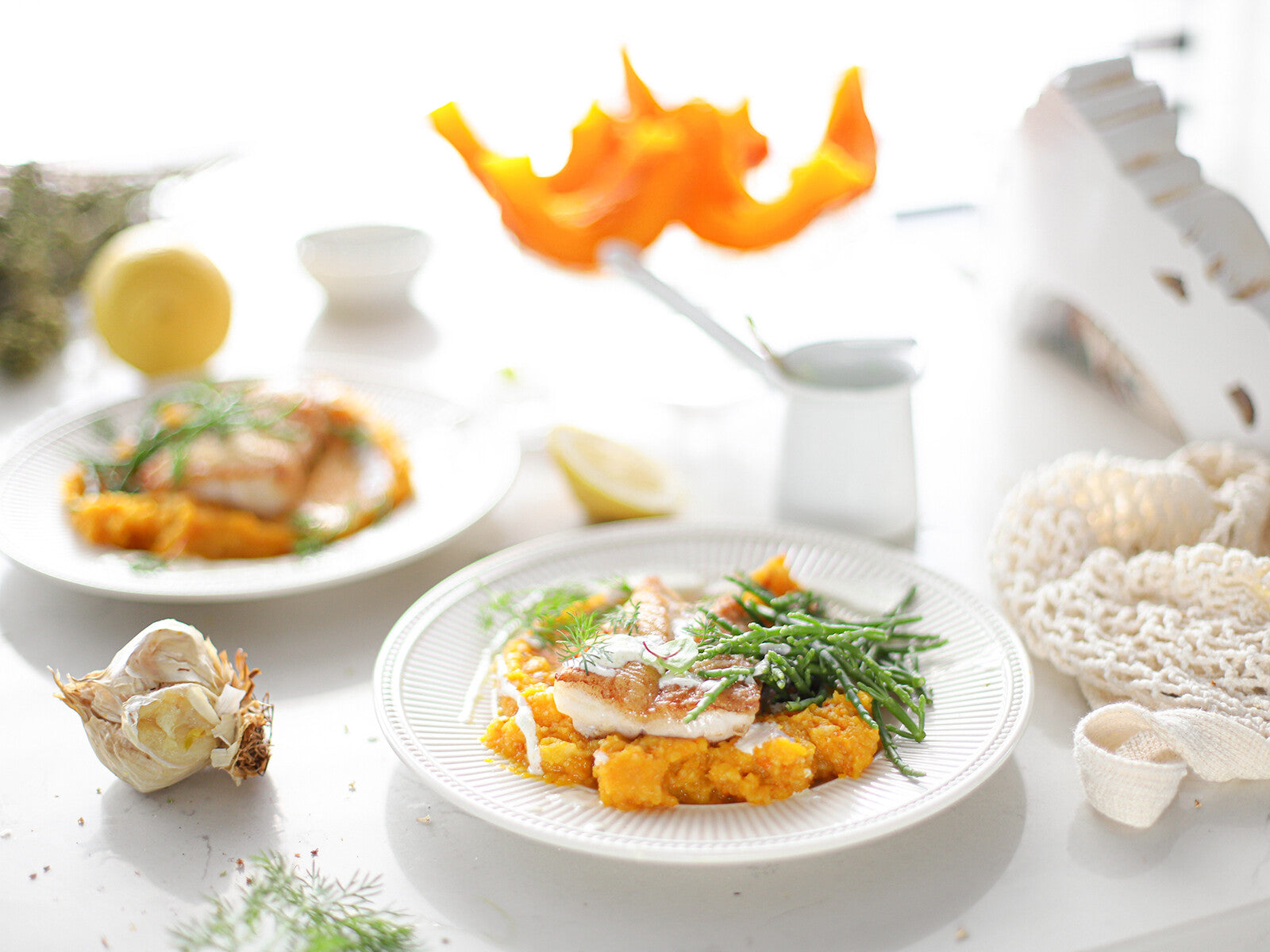 Zeebaars met stamppot van pompoen, knolselderij & crème fraîche